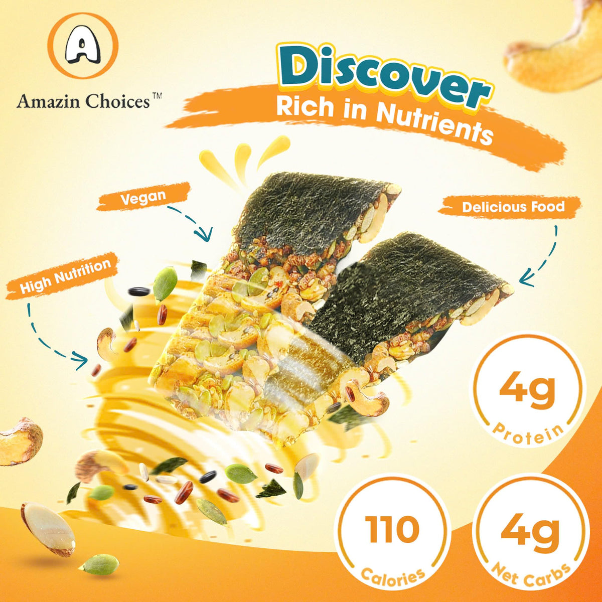 Seaweed Crunch with Nuts – Amazin Choices Vegan Snack Bars (Cashews, Almonds & Pumpkin Seeds) | Premium Asian Seaweed Chips