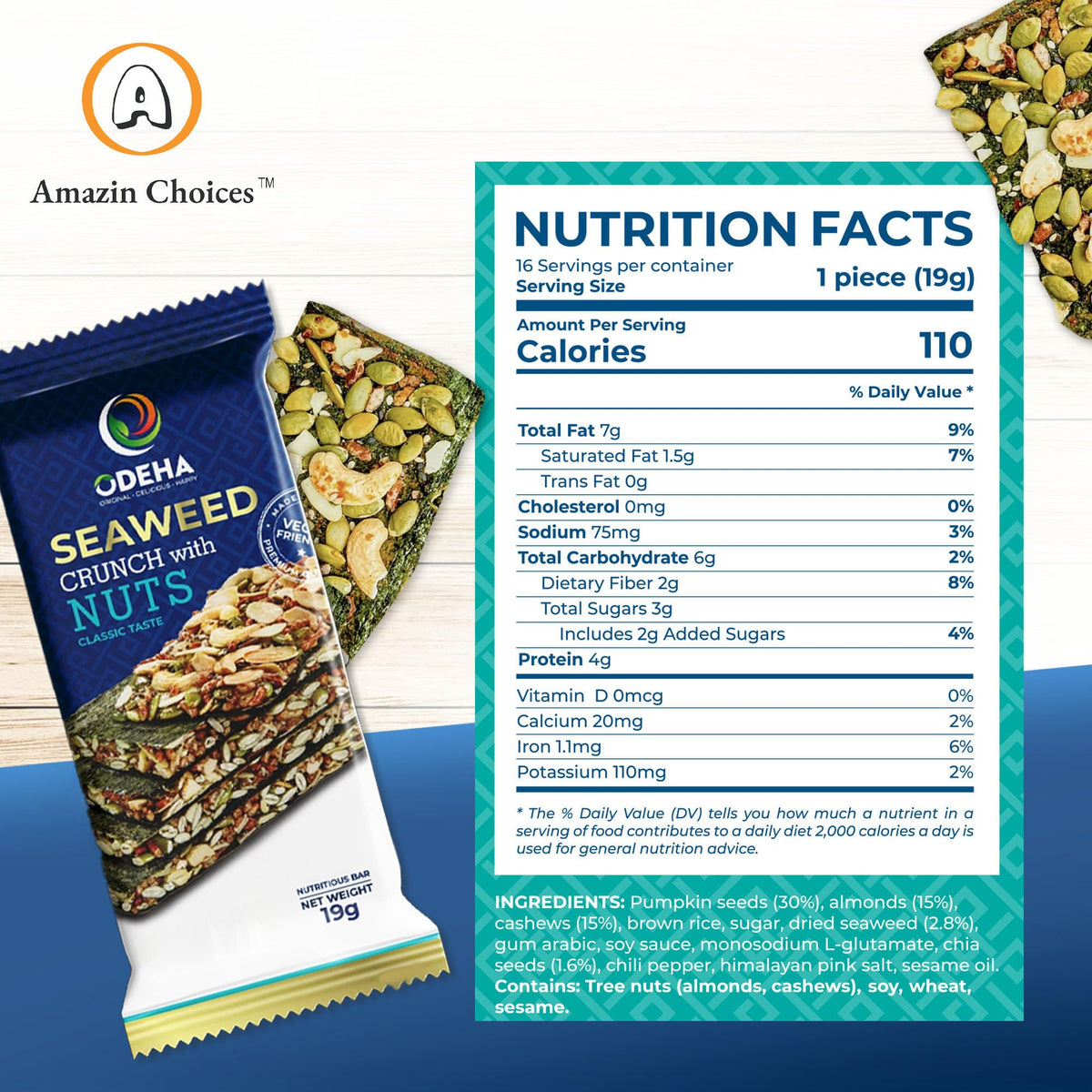 Seaweed Crunch with Nuts – Amazin Choices Vegan Snack Bars (Cashews, Almonds & Pumpkin Seeds) | Premium Asian Seaweed Chips