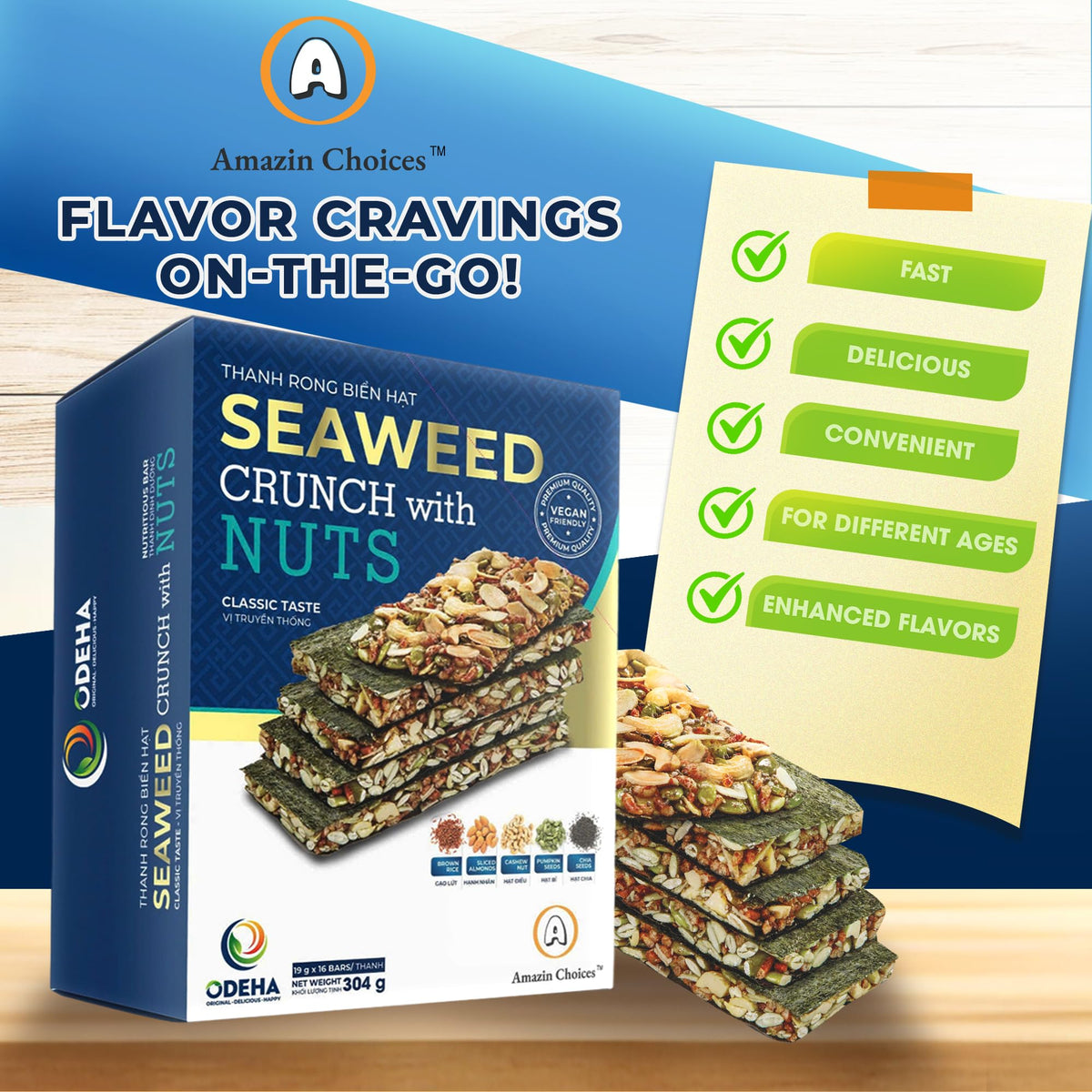 Seaweed Crunch with Nuts – Amazin Choices Vegan Snack Bars (Cashews, Almonds & Pumpkin Seeds) | Premium Asian Seaweed Chips
