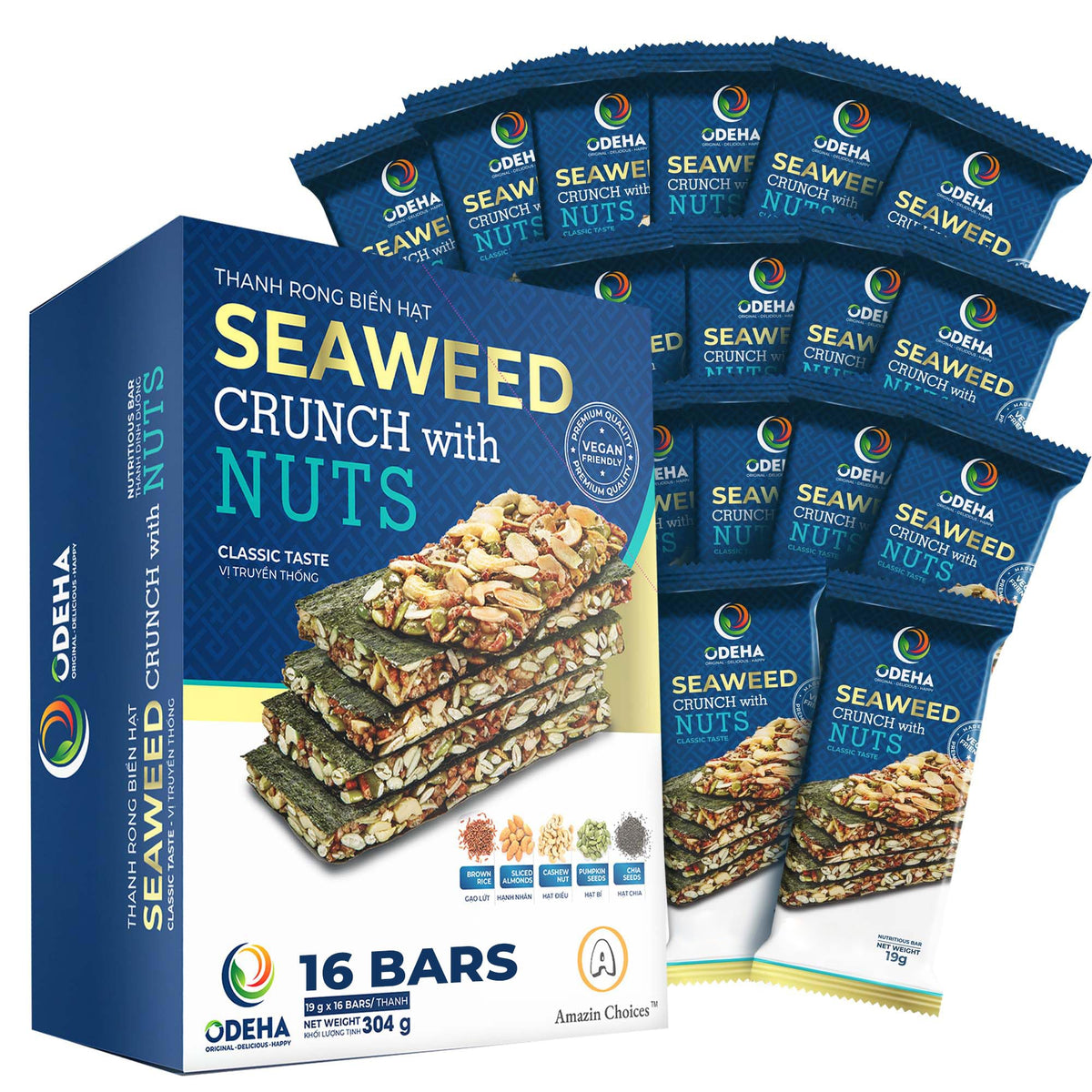Seaweed Crunch with Nuts – Amazin Choices Vegan Snack Bars (Cashews, Almonds & Pumpkin Seeds) | Premium Asian Seaweed Chips