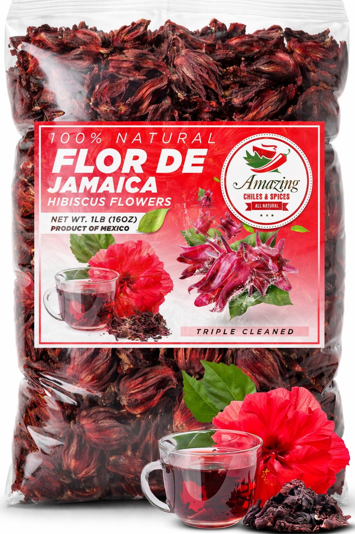 Amazing Chiles & Spices Hibiscus Flowers 2lb – All Natural, Triple Cleaned Flor de Jamaica