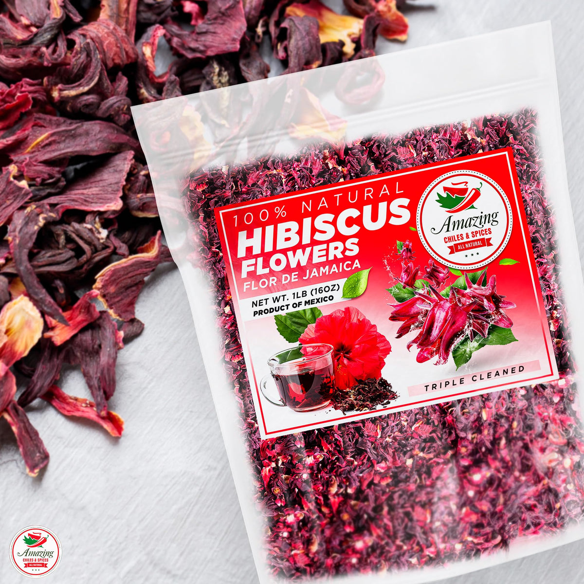 Amazing Chiles & Spices Hibiscus Flowers 2lb – All Natural, Triple Cleaned Flor de Jamaica