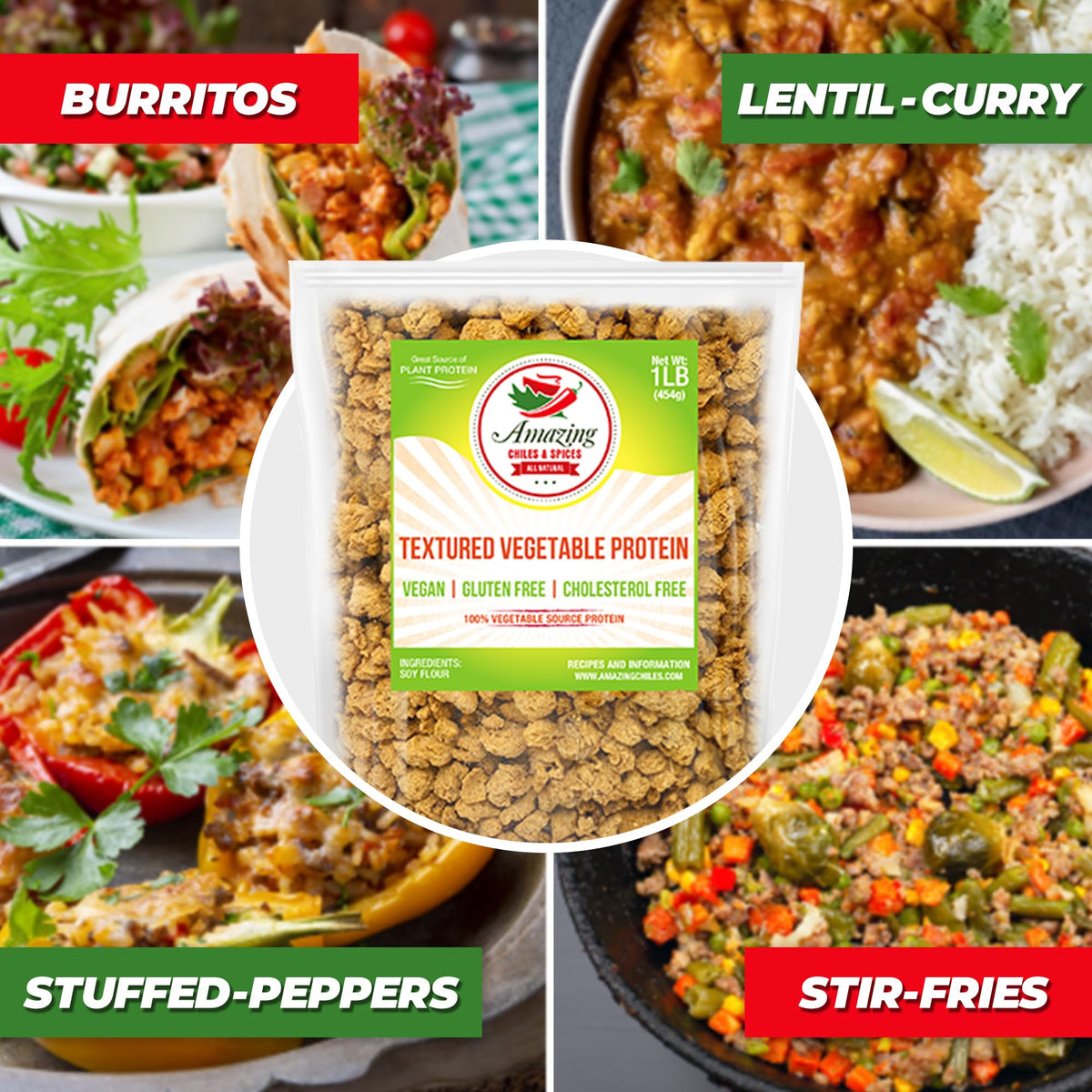 Amazing Chiles TVP 1 lb – Plant-Based Protein Chunks, Non-GMO & Gluten Free