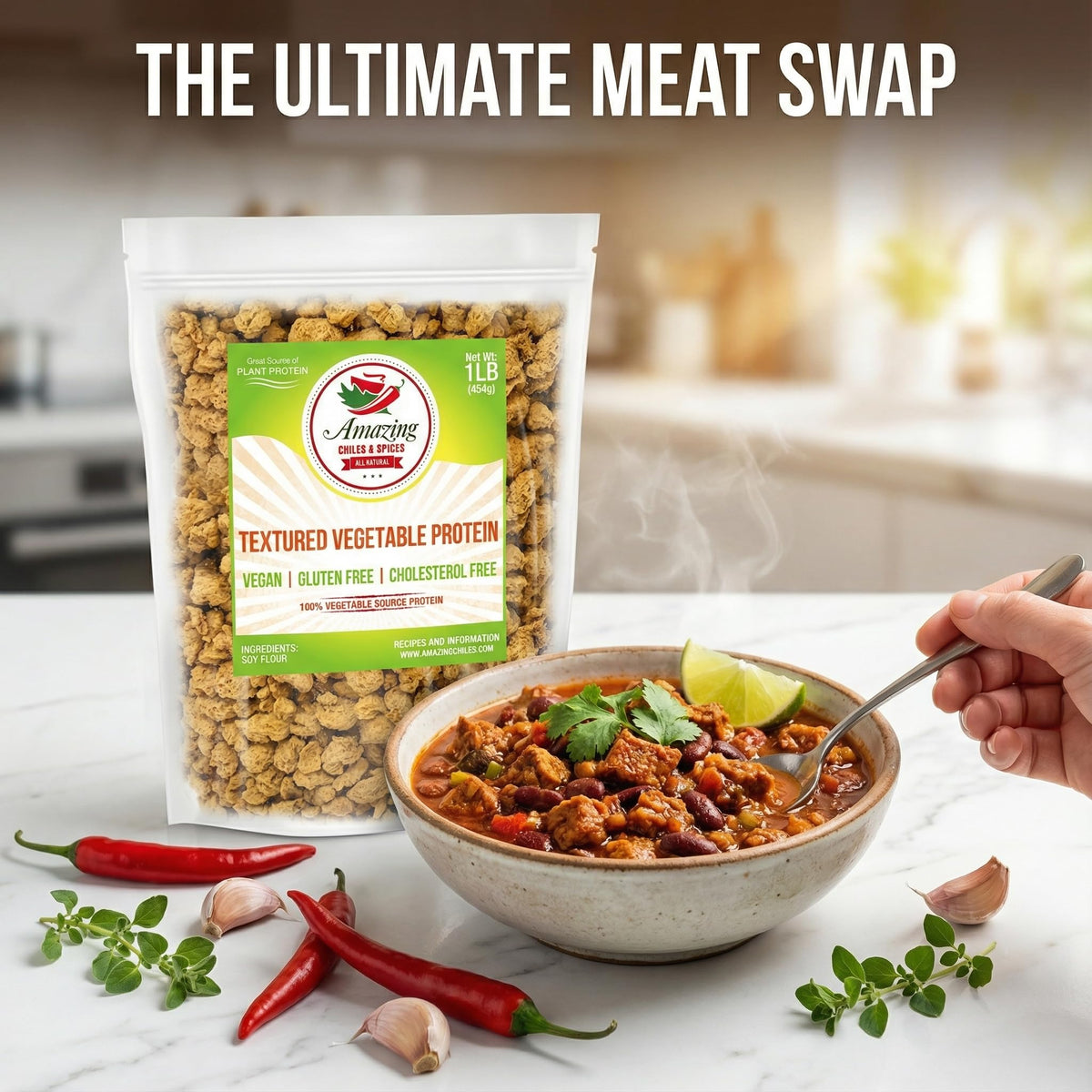 Amazing Chiles TVP 1 lb – Plant-Based Protein Chunks, Non-GMO & Gluten Free