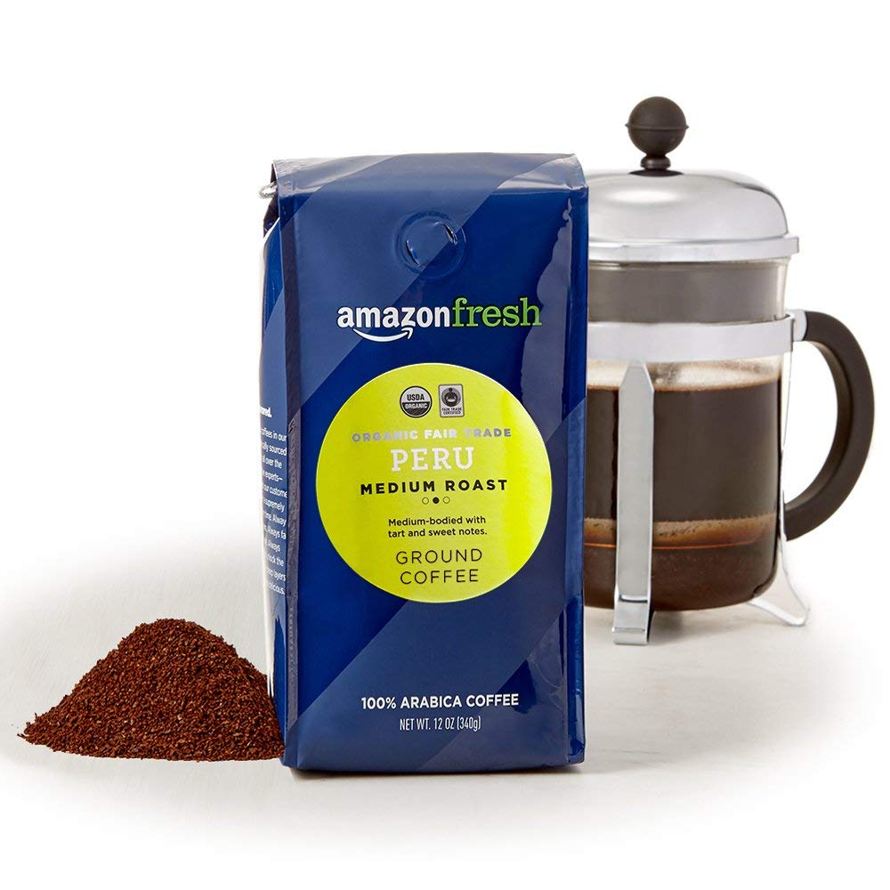 Amazon Fresh Organic Peru Ground Coffee, Fair Trade, Medium Roast — 3 x 12 oz