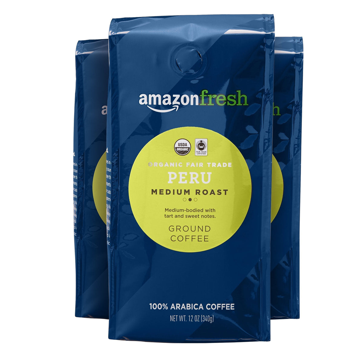 Amazon Fresh Organic Peru Ground Coffee, Fair Trade, Medium Roast — 3 x 12 oz