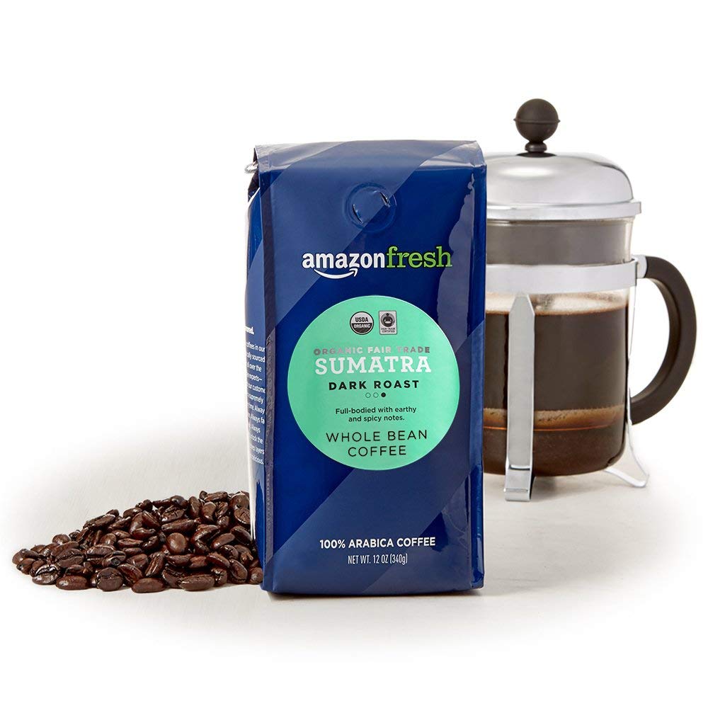 Amazon Fresh Organic Fair Trade Sumatra Whole Bean Coffee, Dark Roast, 12 Ounce (Pack of 3)