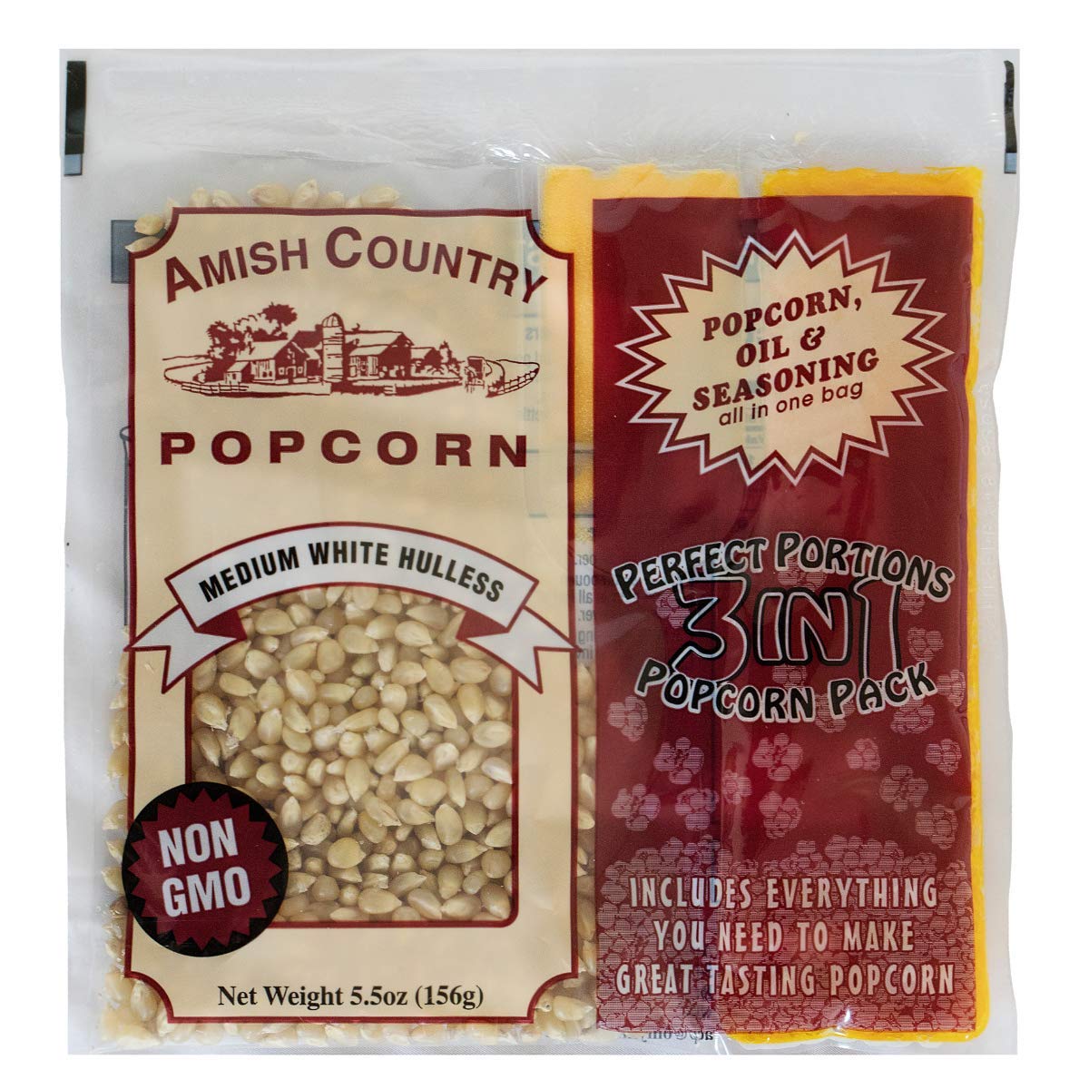 Amish Country Popcorn | All-In-One Medium White Kernel Popcorn Packs (5.5 oz, 24 ct) with Hulless Kernels, Oil & Salt