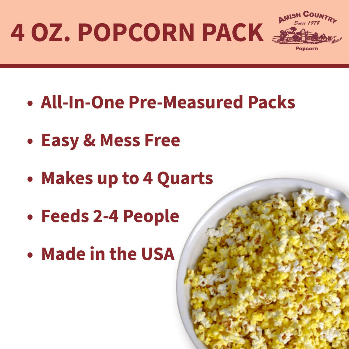 Amish Country Popcorn | All-In-One Medium White Kernel Popcorn Packs (5.5 oz, 24 ct) with Hulless Kernels, Oil & Salt