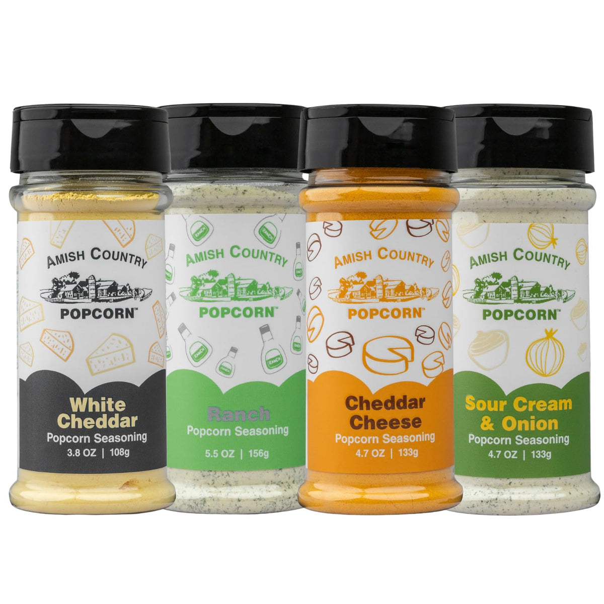 Amish Country Popcorn Seasoning Variety Pack – 4 Flavors: White Cheddar, Cheddar Cheese, Sour Cream & Onion, Ranch | Nut Free | Non-GMO