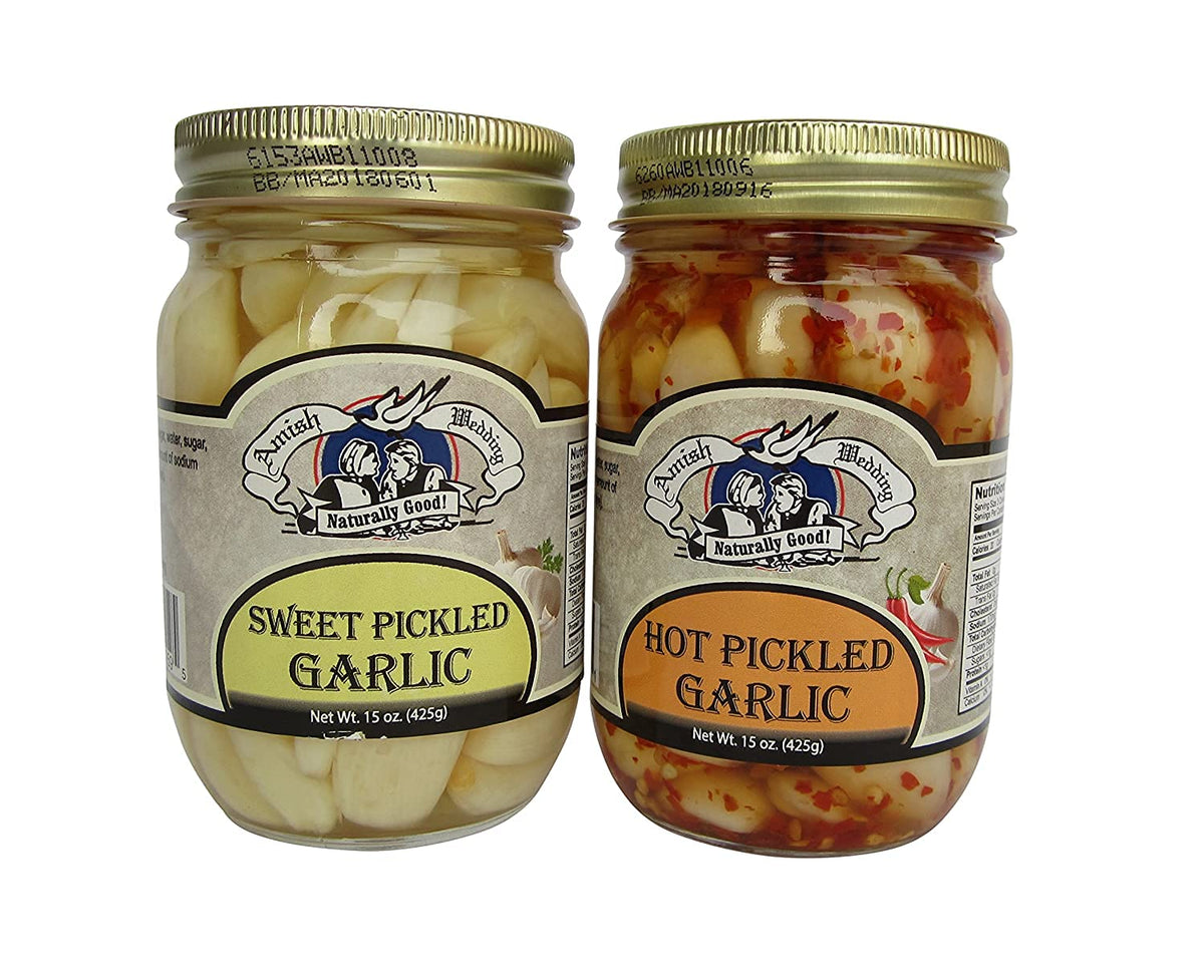 Amish Wedding All-Natural Hot and Sweet Pickled Garlic – 15 oz (2 Jars)