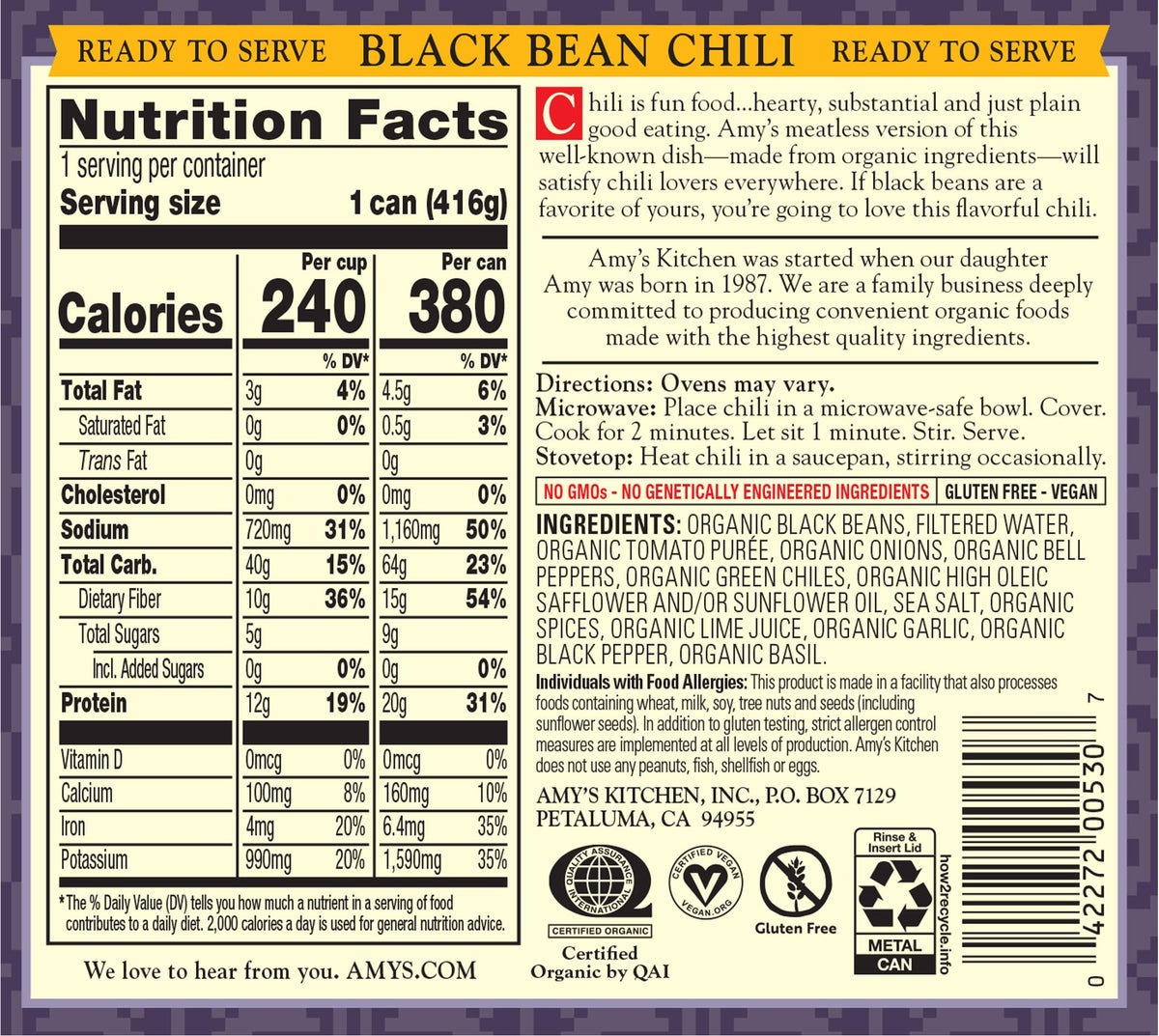 Amy's Chili Black Bean Medium Spice – Organic, Gluten Free, Low Fat, 6 Pack