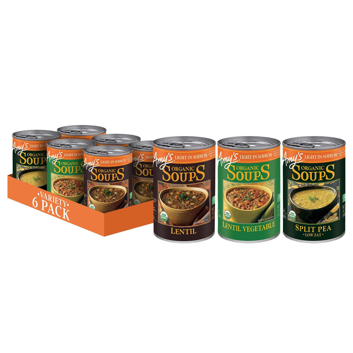 Amy's Light in Sodium Soup Variety Pack – Organic Lentil, Vegetable & Split Pea, 6 Cans