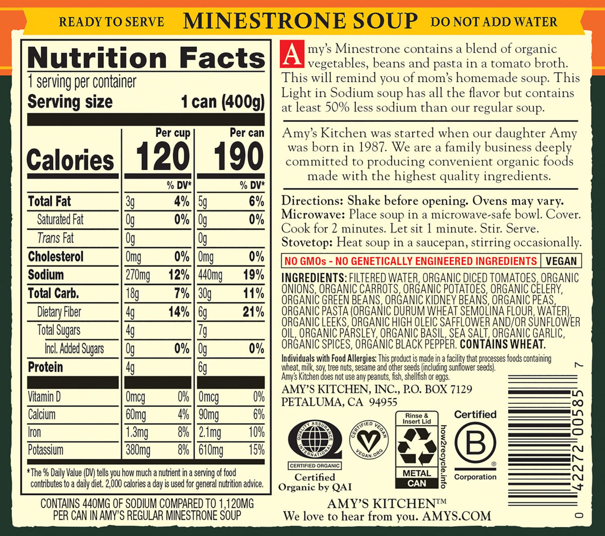 Amy's Soup, Vegan Minestrone – Light in Sodium, Organic Vegetables & Pasta, 6-Pack