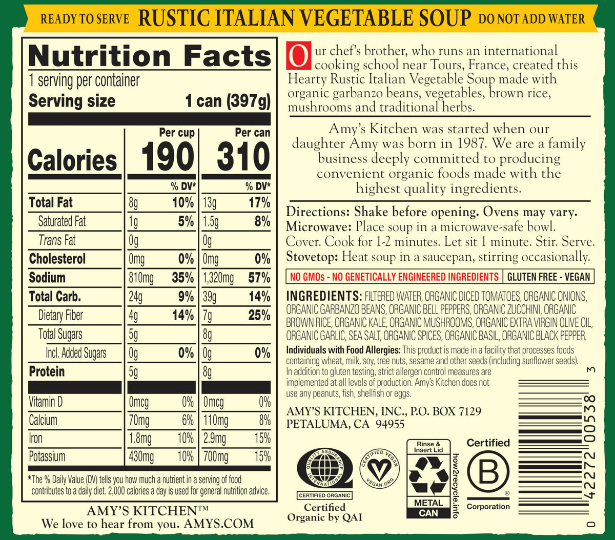 Amy's Organic Rustic Italian Vegetable Soup – Vegan, Gluten Free, 14 oz (12-pack)