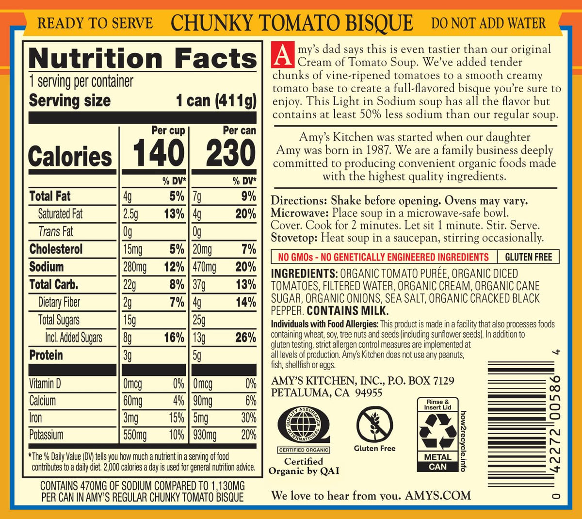 Amy’s Chunky Tomato Bisque Soup — Light Sodium, Organic, Gluten Free, 6 Pack