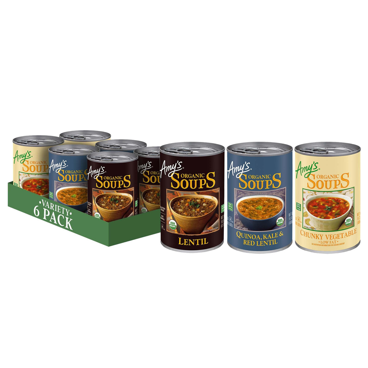 Amy's Organic Soup Variety Pack – Chunky Vegetable, Lentil, Quinoa & Kale & Red Lentil, 6-Can Bulk