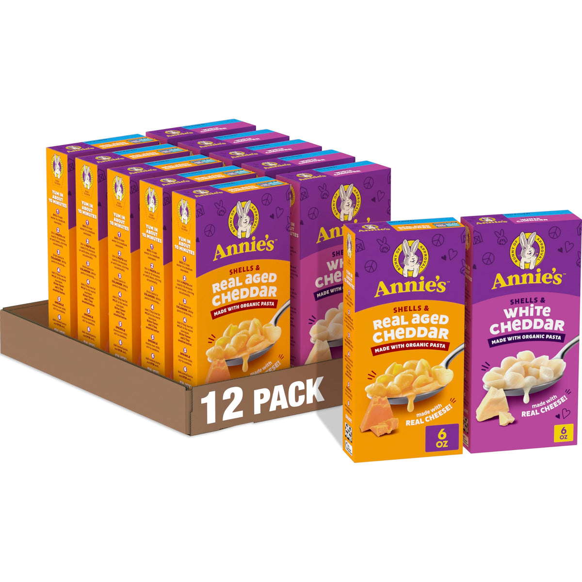 Annie's Organic Macaroni and Cheese Variety Pack: Shells & White Cheddar, Shells & Real Aged Cheddar (6 oz x12)