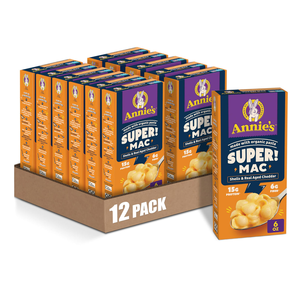 Annie's Super! Mac Shells & Real Aged Cheddar — Organic Pasta, 6 oz (Pack of 12)