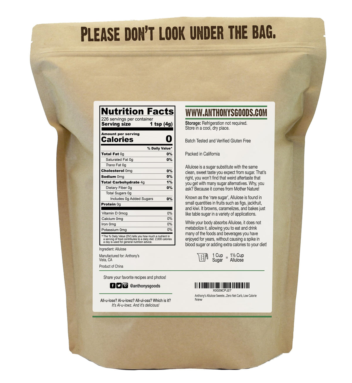 Anthony's Allulose Sweetener – 2 lb | Gluten Free, Keto, Zero Net Carbs