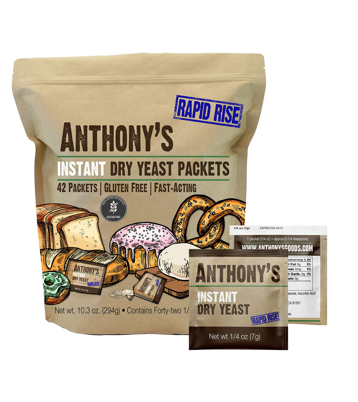 Anthony's Instant Dry Yeast Packets – 42-Count, Gluten Free & No Proofing