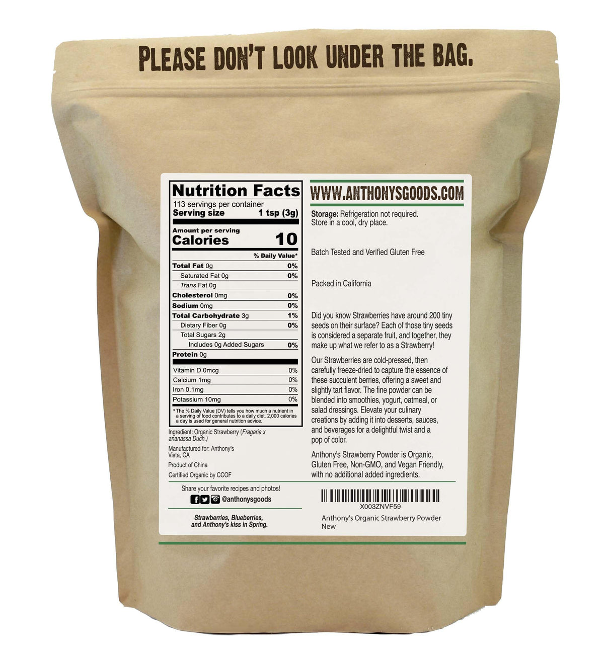 Anthony's Organic Strawberry Powder, 12 oz – Freeze-Dried, Gluten Free, No Sugar Added, Non-GMO