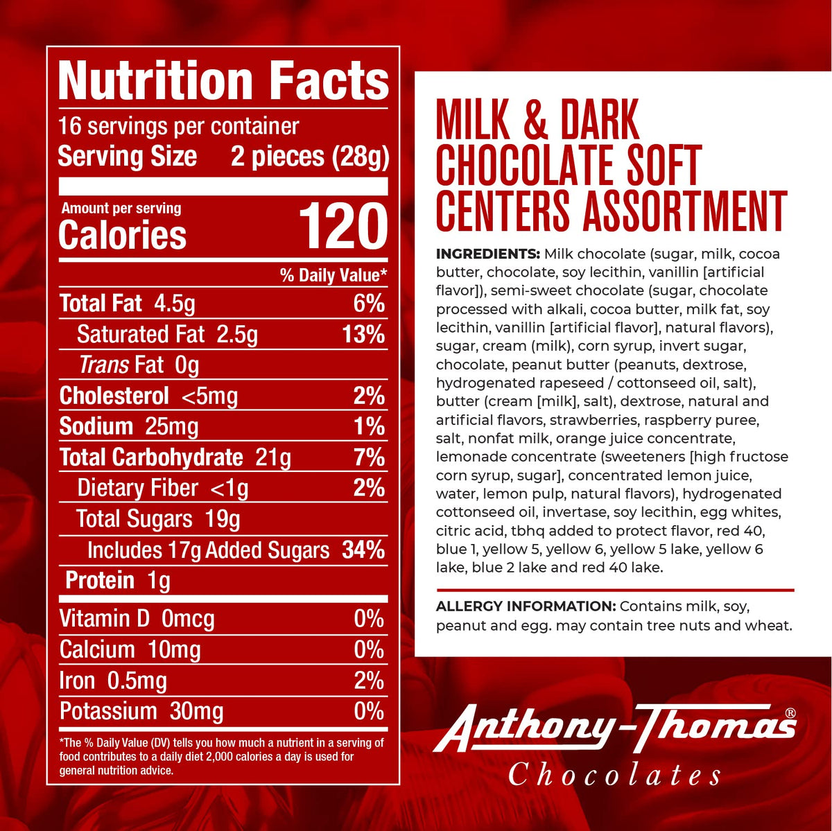 Anthony Thomas Soft Centers Assortment – Milk & Dark Chocolate Gift Box (32 Count)