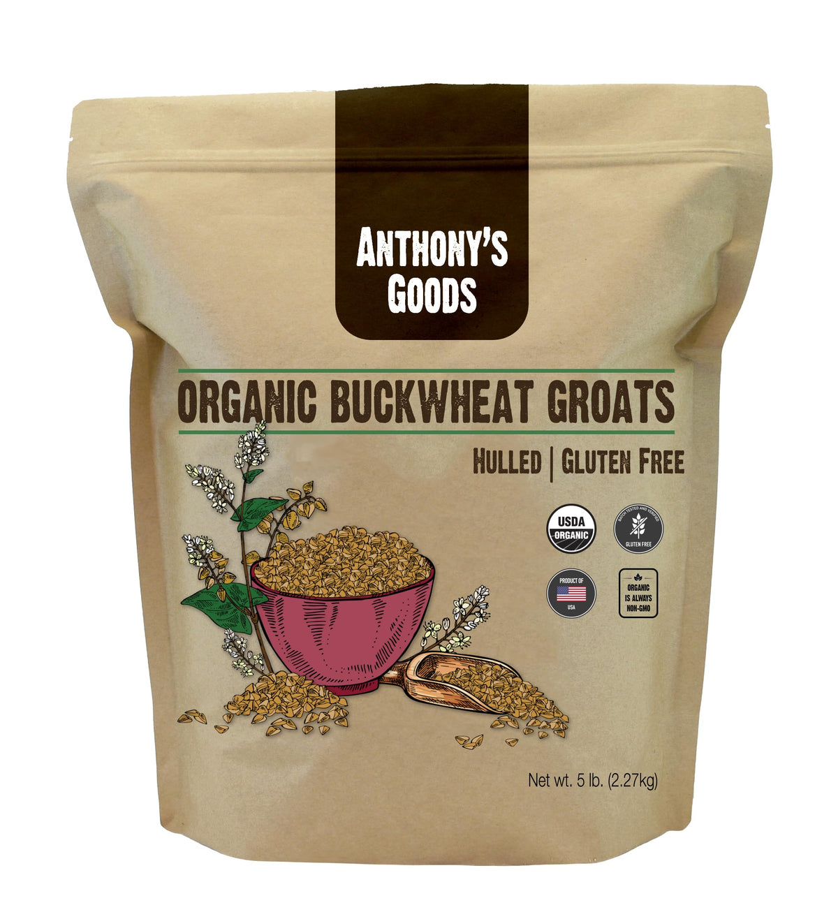 Anthony's Organic Hulled Buckwheat Groats - Gluten Free, Non-GMO, 5lb