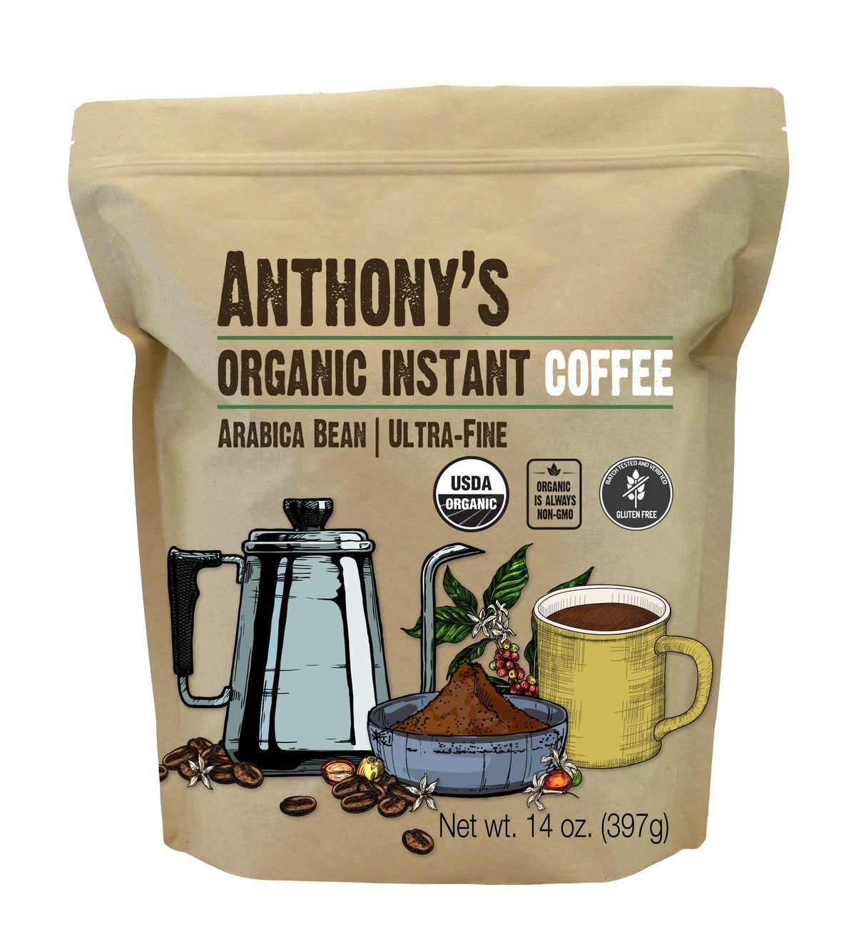 Anthony's Organic Instant Coffee 14oz – Gluten Free, Non-GMO Arabica Microground