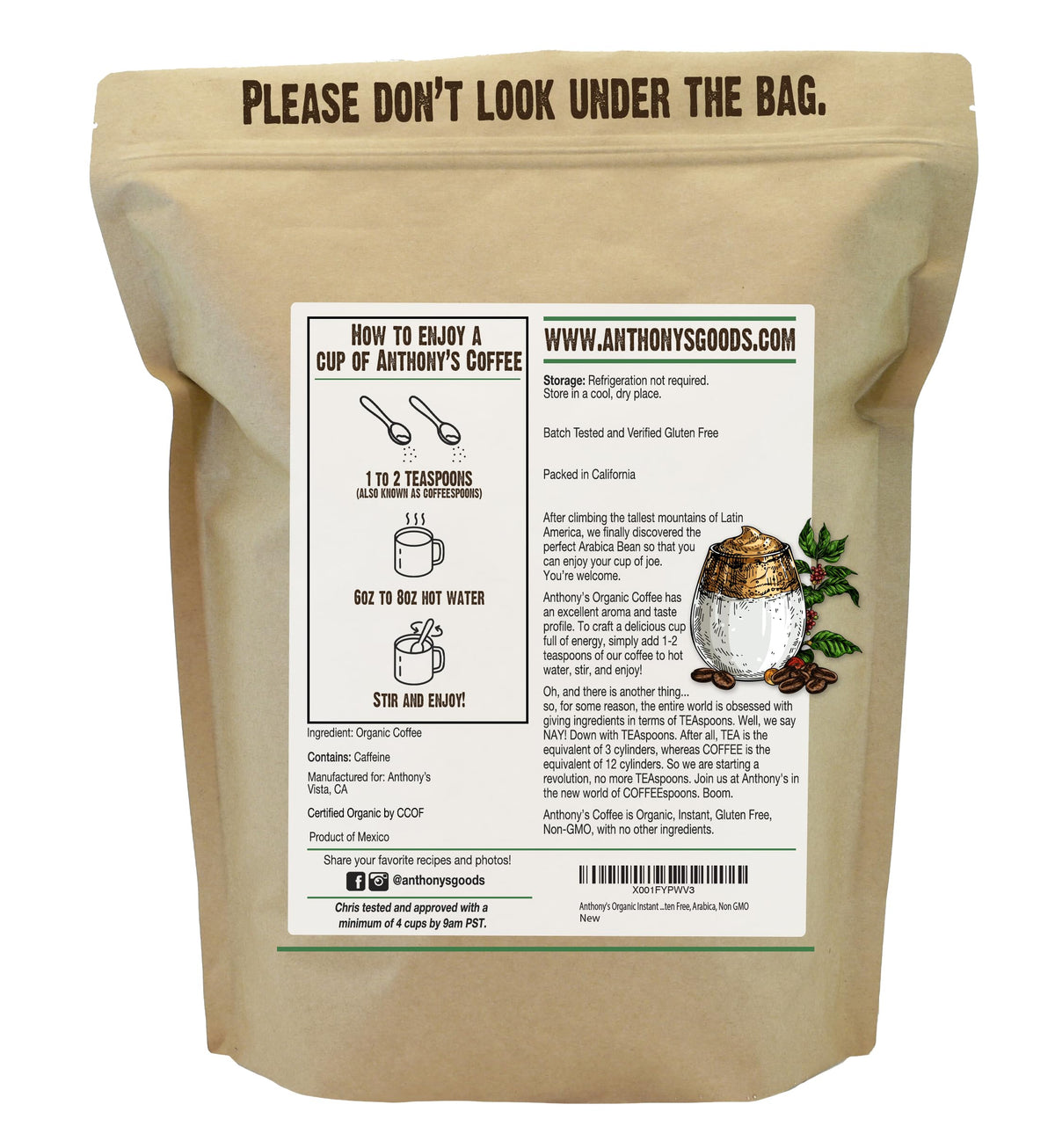 Anthony's Organic Instant Coffee 14oz – Gluten Free, Non-GMO Arabica Microground