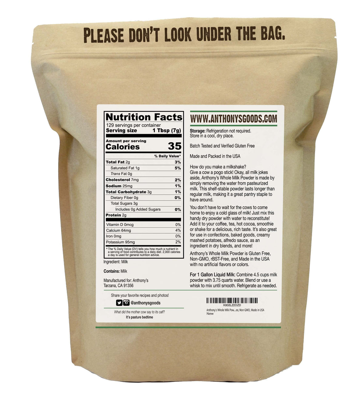 Anthony's Whole Milk Powder – 2 lb, Gluten Free, Non-GMO, Made in USA