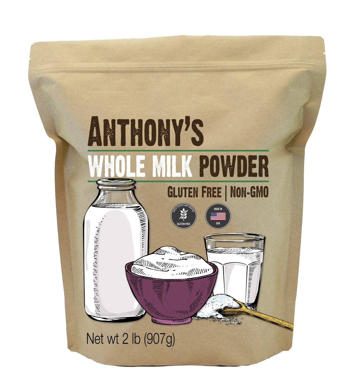 Anthony's Whole Milk Powder – 2 lb, Gluten Free, Non-GMO, Made in USA
