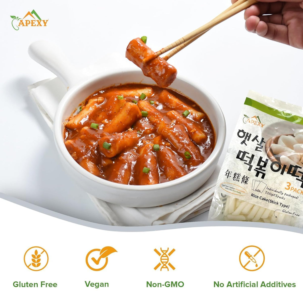 Apexy Korean Tteokbokki Rice Cakes 21.16oz – No MSG, Gluten-Free, Non-GMO | Pack of 1–3