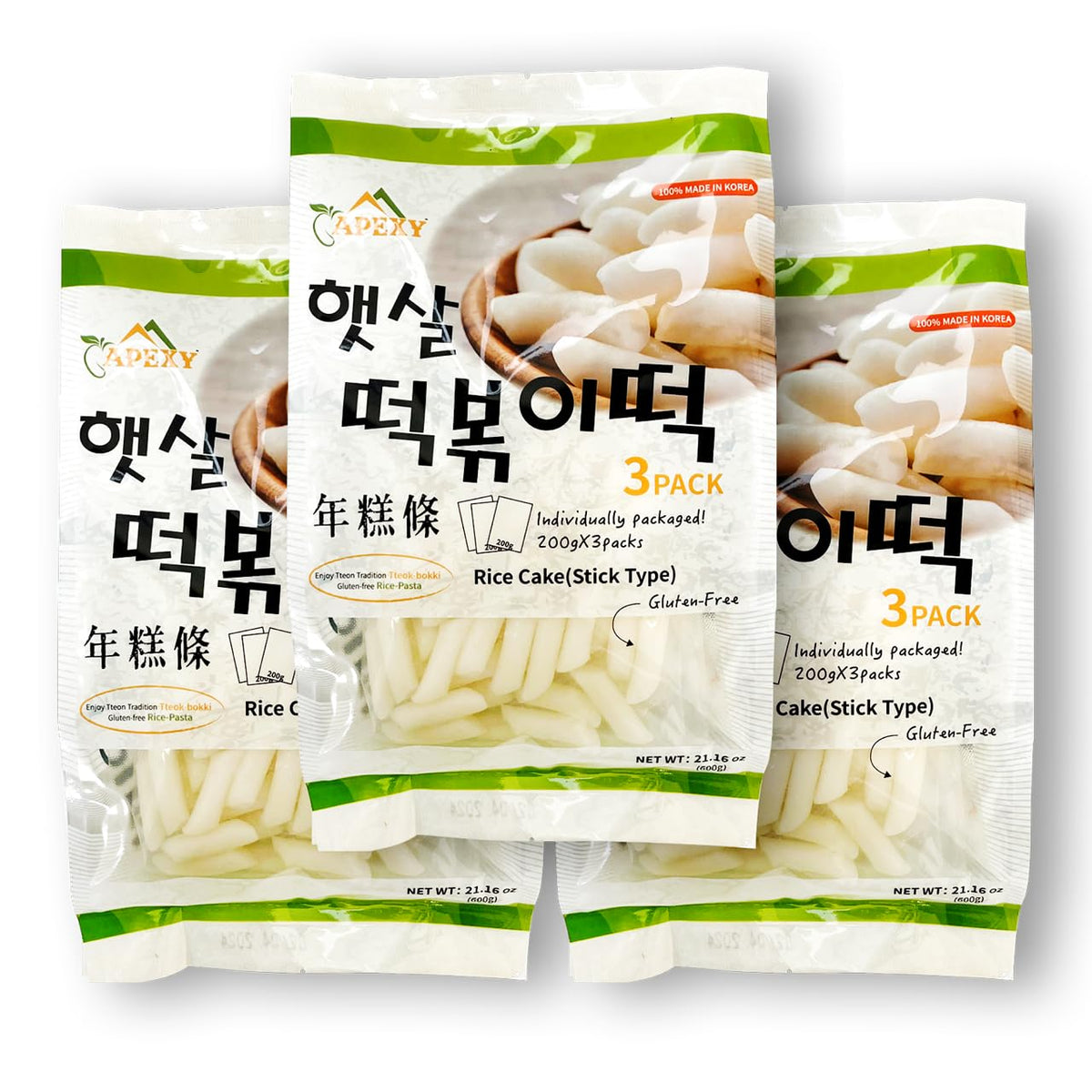 Apexy Korean Tteokbokki Rice Cakes 21.16oz – No MSG, Gluten-Free, Non-GMO | Pack of 1–3