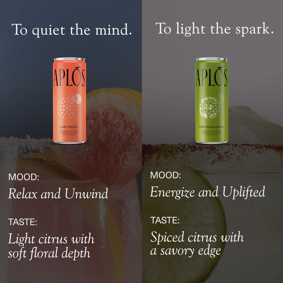 Aplós Canned Variety Pack – Non-Alcoholic Cocktails with Adaptogens (8 Pack: Ume Spritz & Chili Margarita)