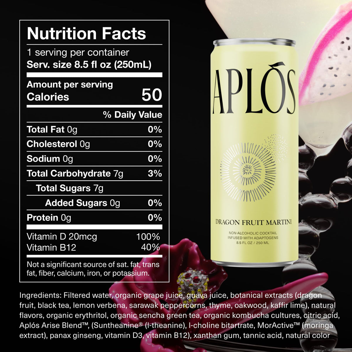 Aplós Dragon Fruit Martini Canned Cocktail with Adaptogens — Low Calorie, No Added Sugar (8.5 fl oz) 4 Pack