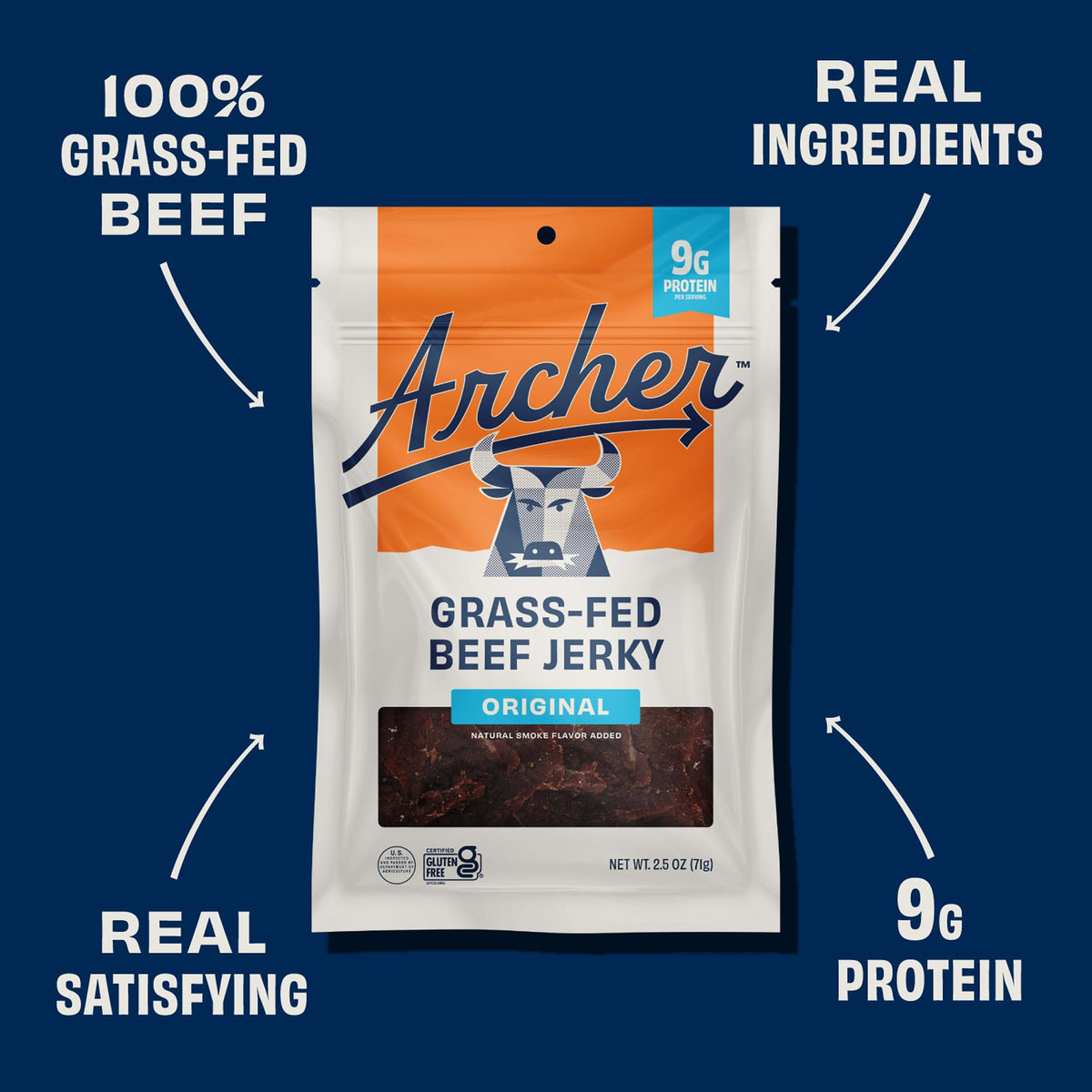 Archer Jerky Grass Fed Beef Jerky – Original Flavor, 4-Pack 2.5 oz Bags | Gluten Free, High Protein Snack