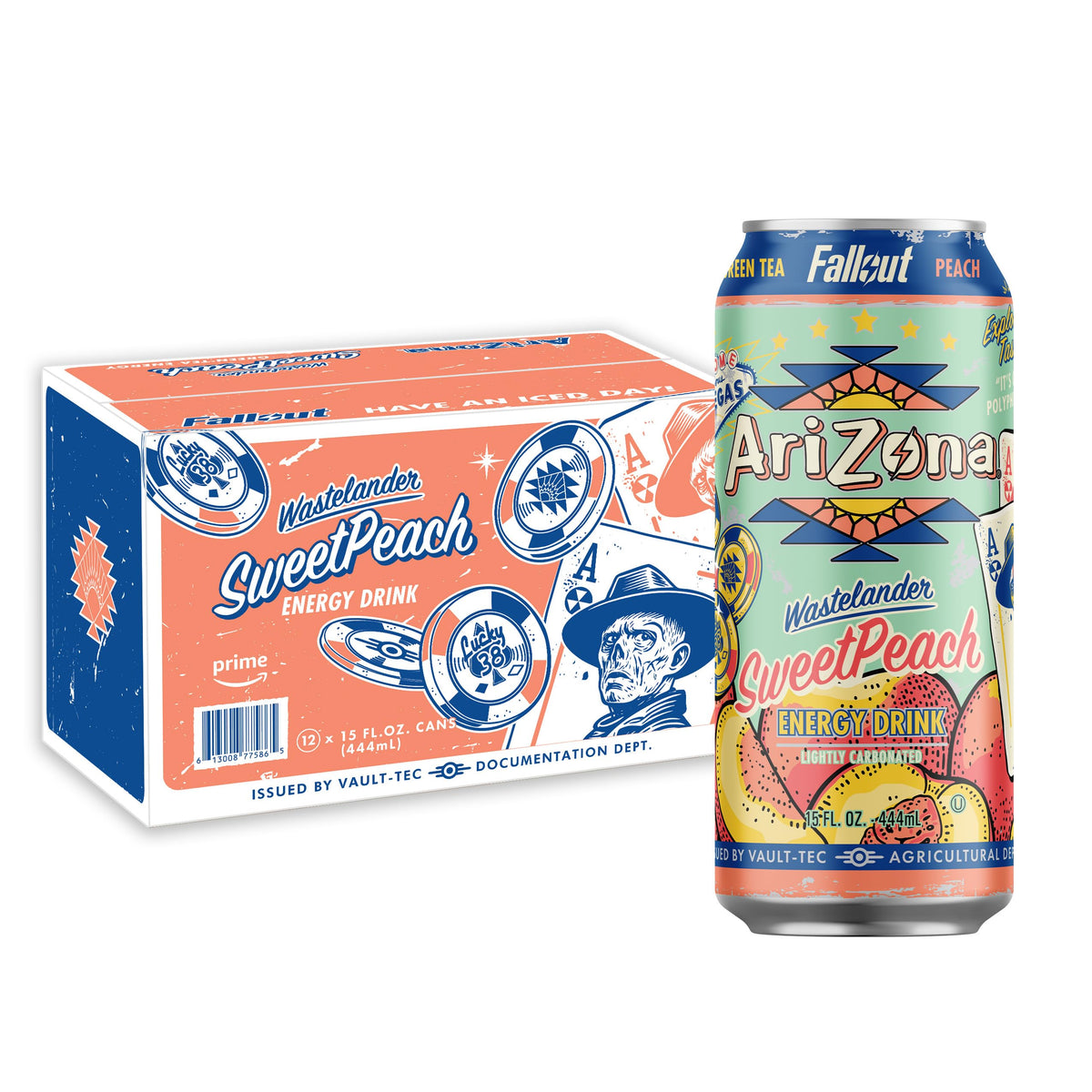 AriZona x Fallout Sweet Peach Green Tea Energy Drink – 15 oz Can, Pack of 12 | 190 mg Caffeine per Can