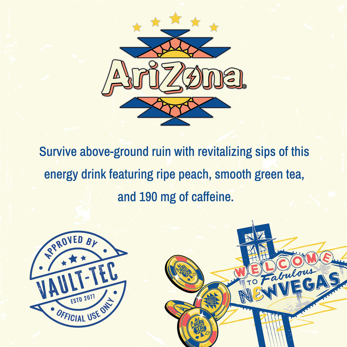 AriZona x Fallout Sweet Peach Green Tea Energy Drink – 15 oz Can, Pack of 12 | 190 mg Caffeine per Can