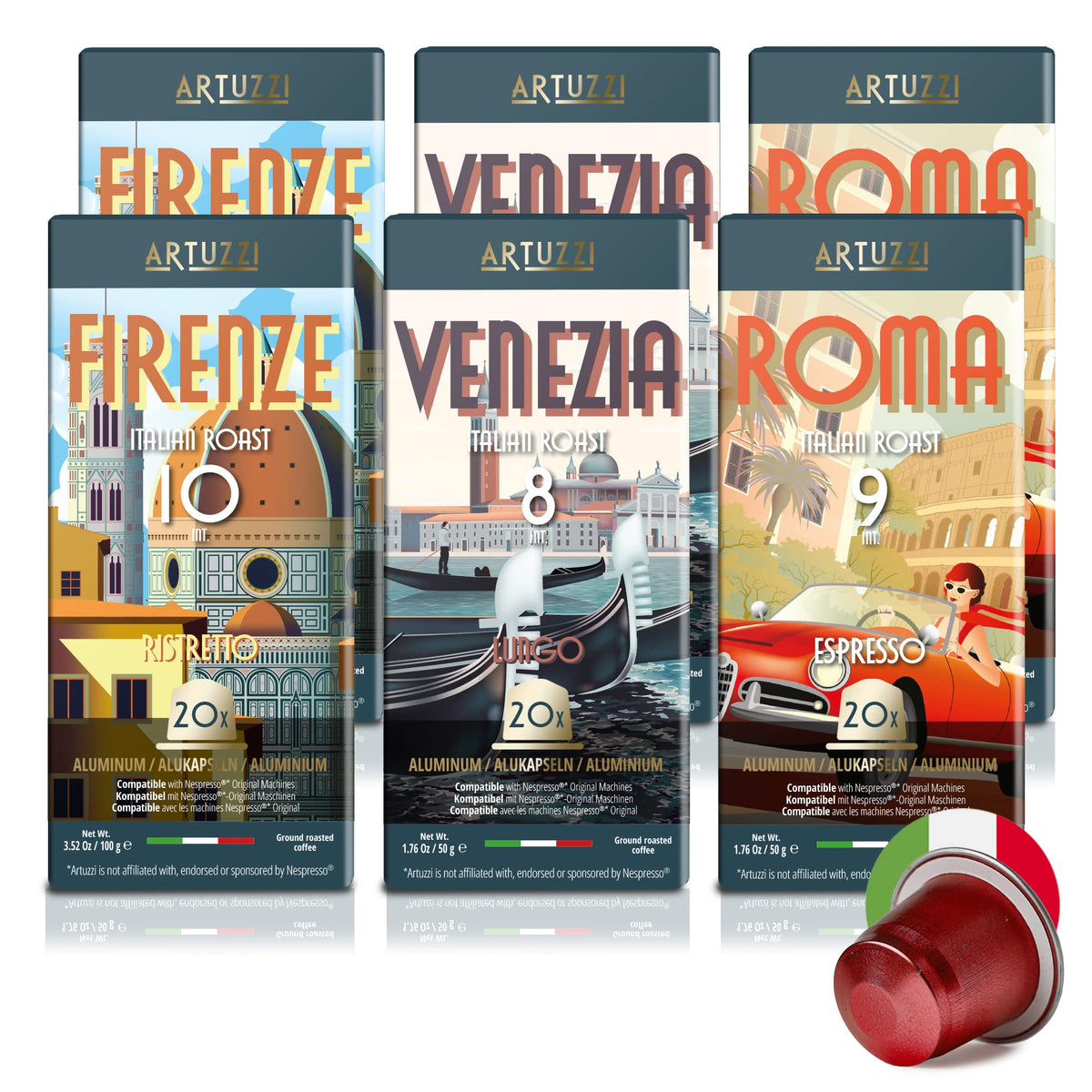 Artuzzi 120ct Compatible Nespresso Pods for Original Machines | Ristretto, Espresso & Lungo Capsules | Aluminum & Recyclable