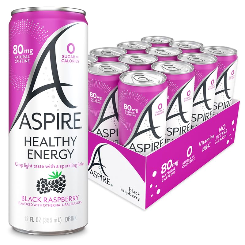 ASPIRE Black Raspberry Healthy Energy Drink — 80mg Natural Caffeine, Zero Sugar, Keto Friendly, 12 Pack
