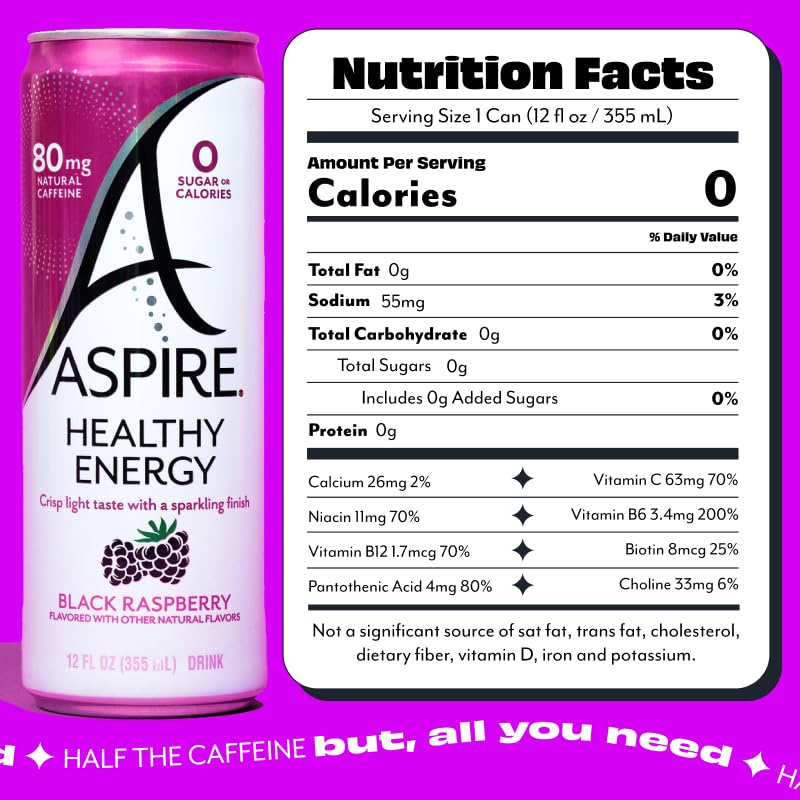 ASPIRE Black Raspberry Healthy Energy Drink — 80mg Natural Caffeine, Zero Sugar, Keto Friendly, 12 Pack