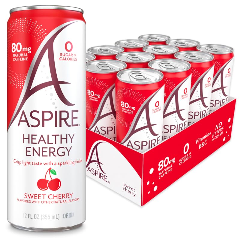 ASPIRE Sweet Cherry Energy Drink – 80mg Natural Caffeine, Zero Sugar, Keto Friendly (12-Pack)