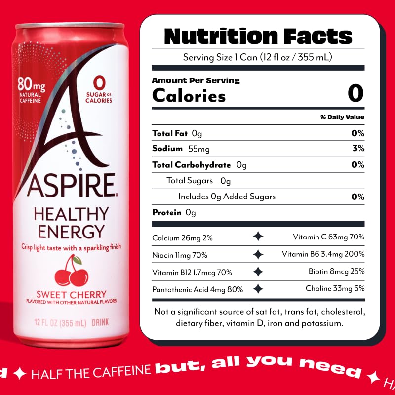 ASPIRE Sweet Cherry Energy Drink – 80mg Natural Caffeine, Zero Sugar, Keto Friendly (12-Pack)