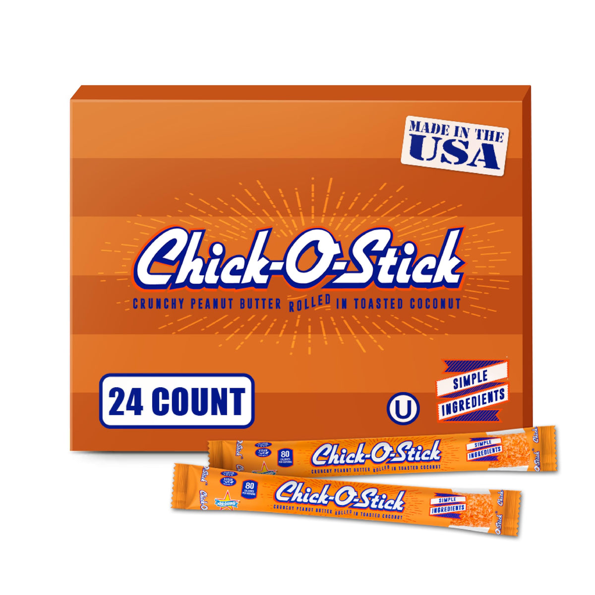 Atkinson's Chick-O-Stick - Crunchy Peanut Butter Rolled in Toasted Coconut - Gluten Free, Kosher, Vegan, No Artificial Ingredients - 1.6 oz Bar, 24 Count