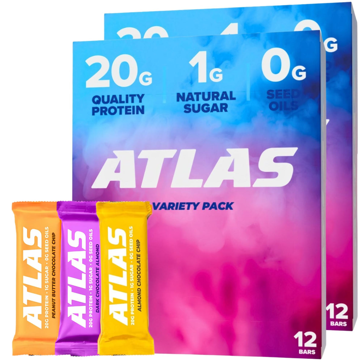 Atlas Real Food Protein Bar – 20g Protein, 1g Sugar, No Seed Oils, No Artificial Sweeteners (Variety, 24 Count)