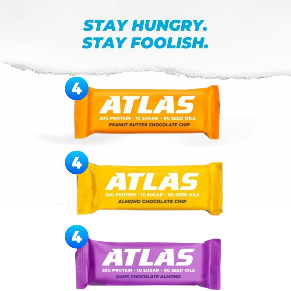 Atlas Real Food Protein Bar – 20g Protein, 1g Sugar, No Seed Oils, No Artificial Sweeteners (Variety, 24 Count)