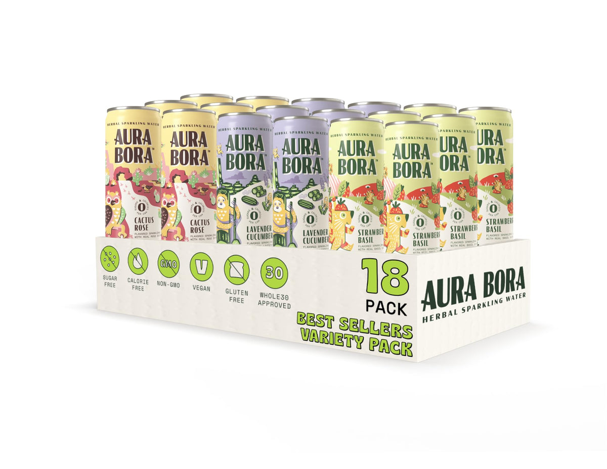 Aura Bora Best Sellers Variety Pack – Herbal Sparkling Water, 12 oz Cans, Pack of 18, 0 Calories
