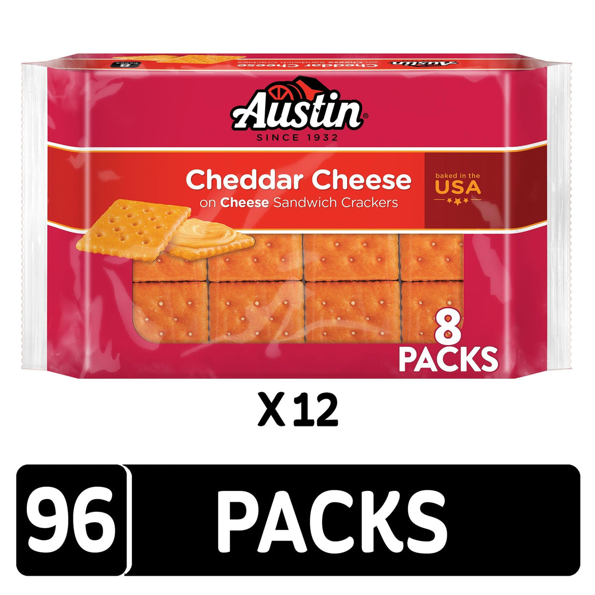 Austin Cheddar Cheese Flavored Sandwich Crackers – 96 Packs (12 Trays)