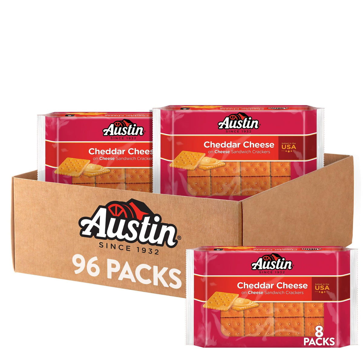 Austin Cheddar Cheese Flavored Sandwich Crackers – 96 Packs (12 Trays)